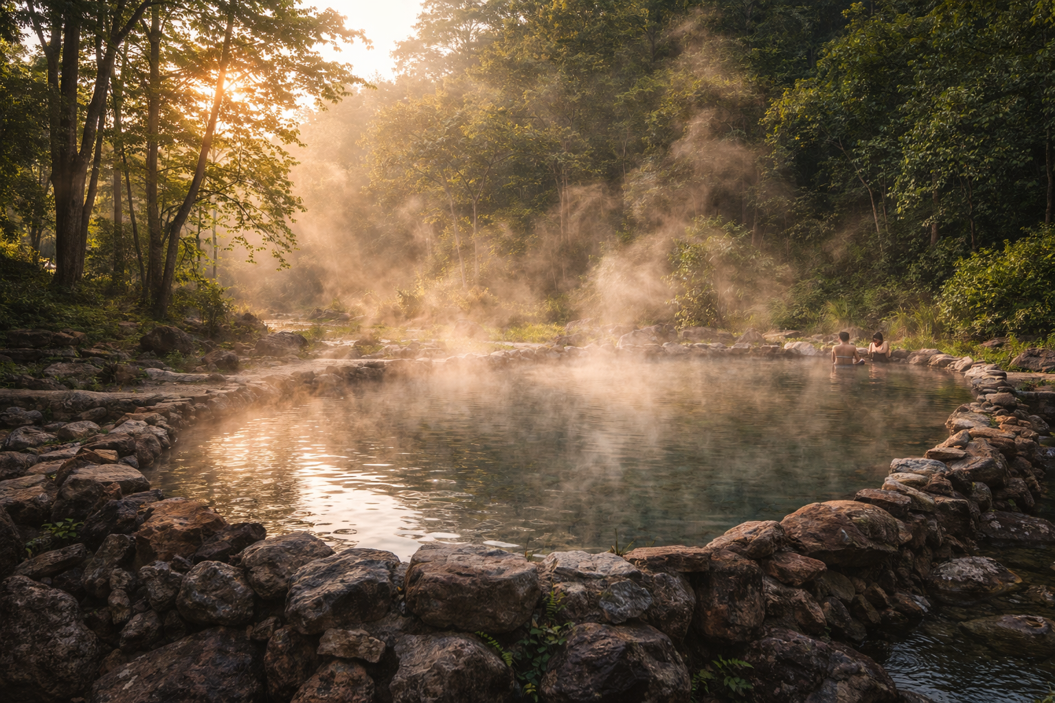 Hot spring steam in forest setting